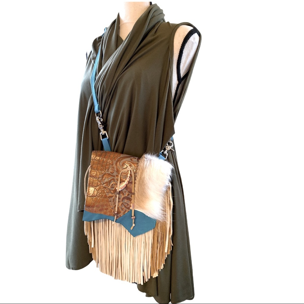 Fringe Leather Crossbody Bag, Blue Tan Alligator leather, Hair On Hide Purse.